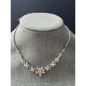 Vintage Bogoff Rhinestone Necklace Silver Tone Clear Choker Signed 50s 60s Retro